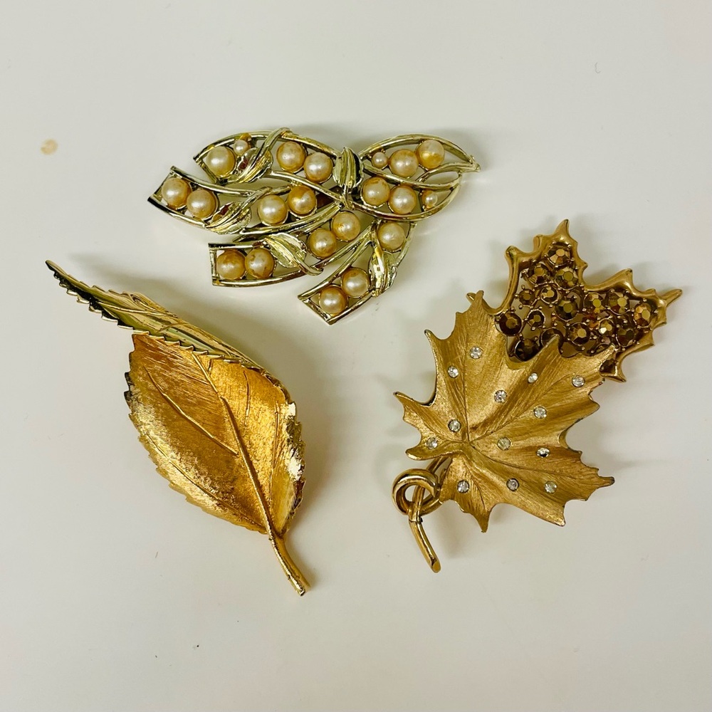 Trio of Vintage Metal Brooches, Gold Tone Leaves, One Sarah Coventry